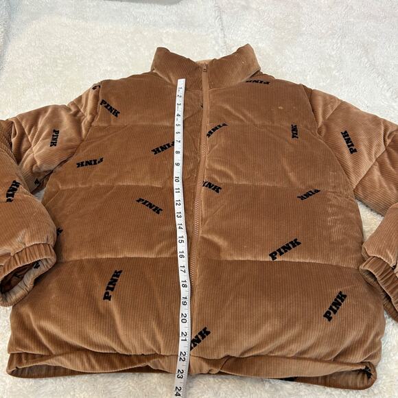 VS Pink Womens Rib Velour Crop Puffer Jacket Color Caramel Sz M Preppy Casual - Picture 4 of 8